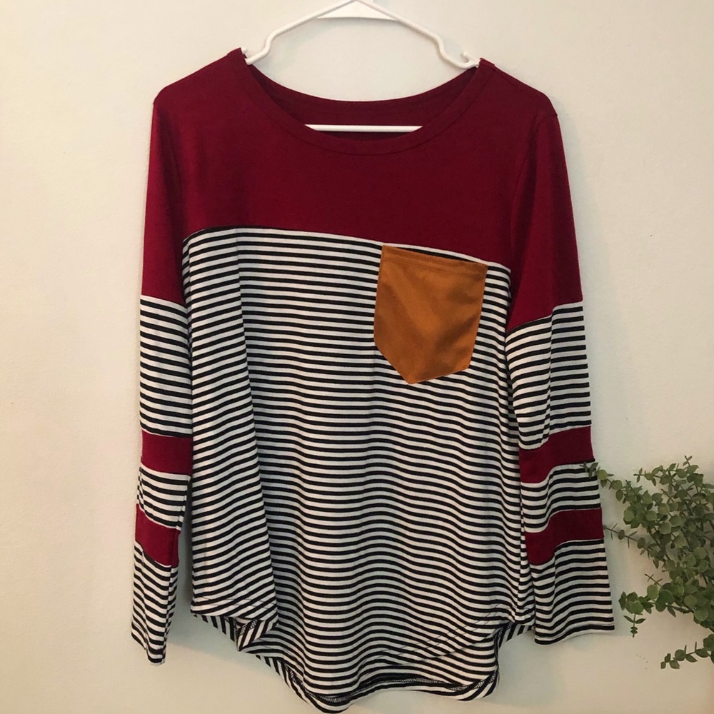 Maroon + black and white striped long sleeve
